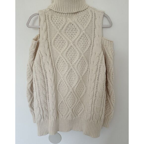 Everly Cream Cable Knit Cold Shoulder Chunky Turtleneck Sweater Sz S - Picture 2 of 9